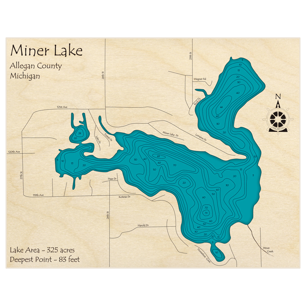 Bathymetric topo map of Miner Lake with roads, towns and depths noted in blue water