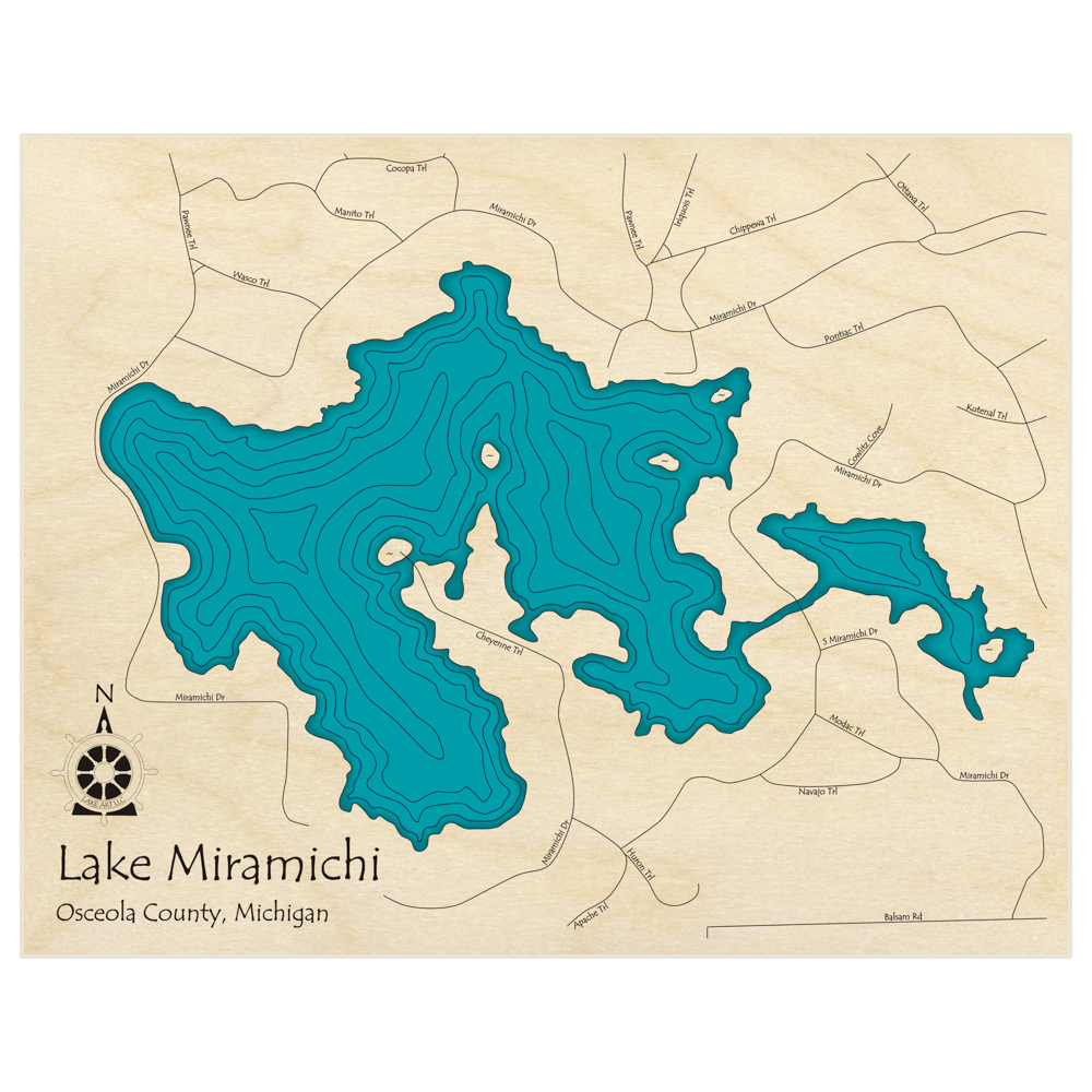 Bathymetric topo map of Lake Miramichi  with roads, towns and depths noted in blue water