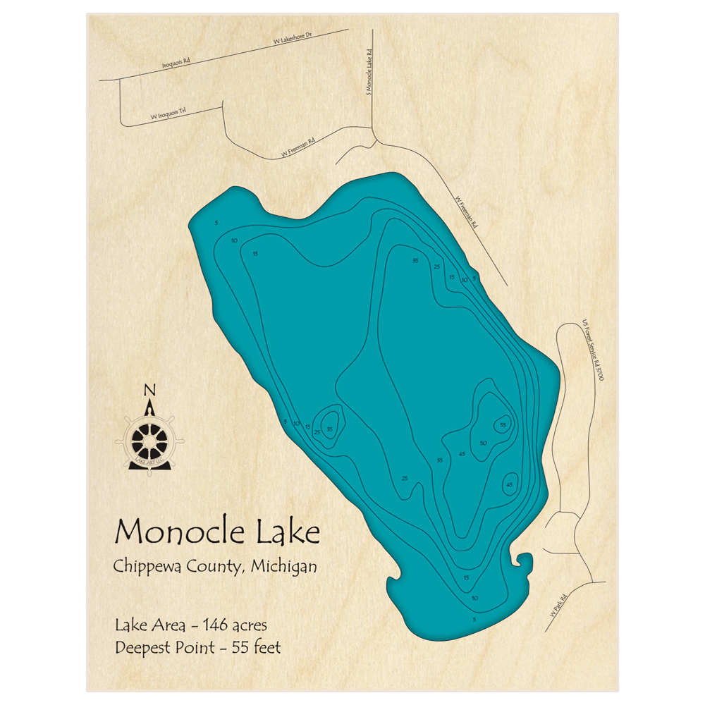 Bathymetric topo map of Monocle Lake with roads, towns and depths noted in blue water