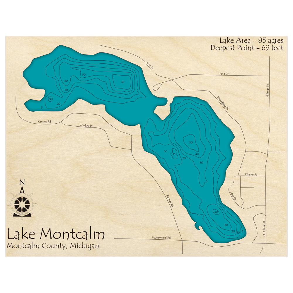 Bathymetric topo map of Lake Montcalm with roads, towns and depths noted in blue water