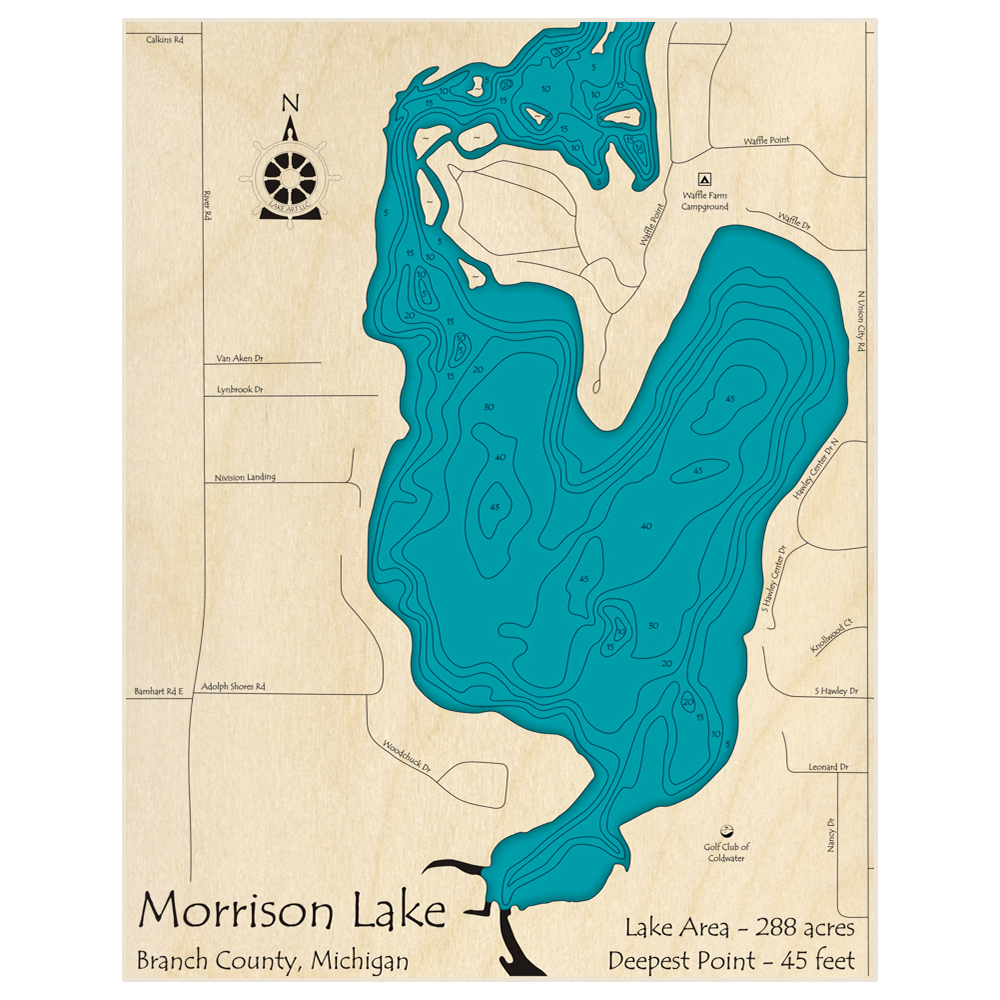 Bathymetric topo map of Morrison Lake with roads, towns and depths noted in blue water