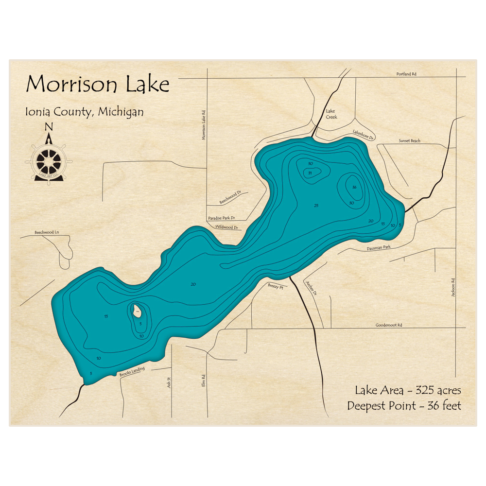 Bathymetric topo map of Morrison Lake with roads, towns and depths noted in blue water