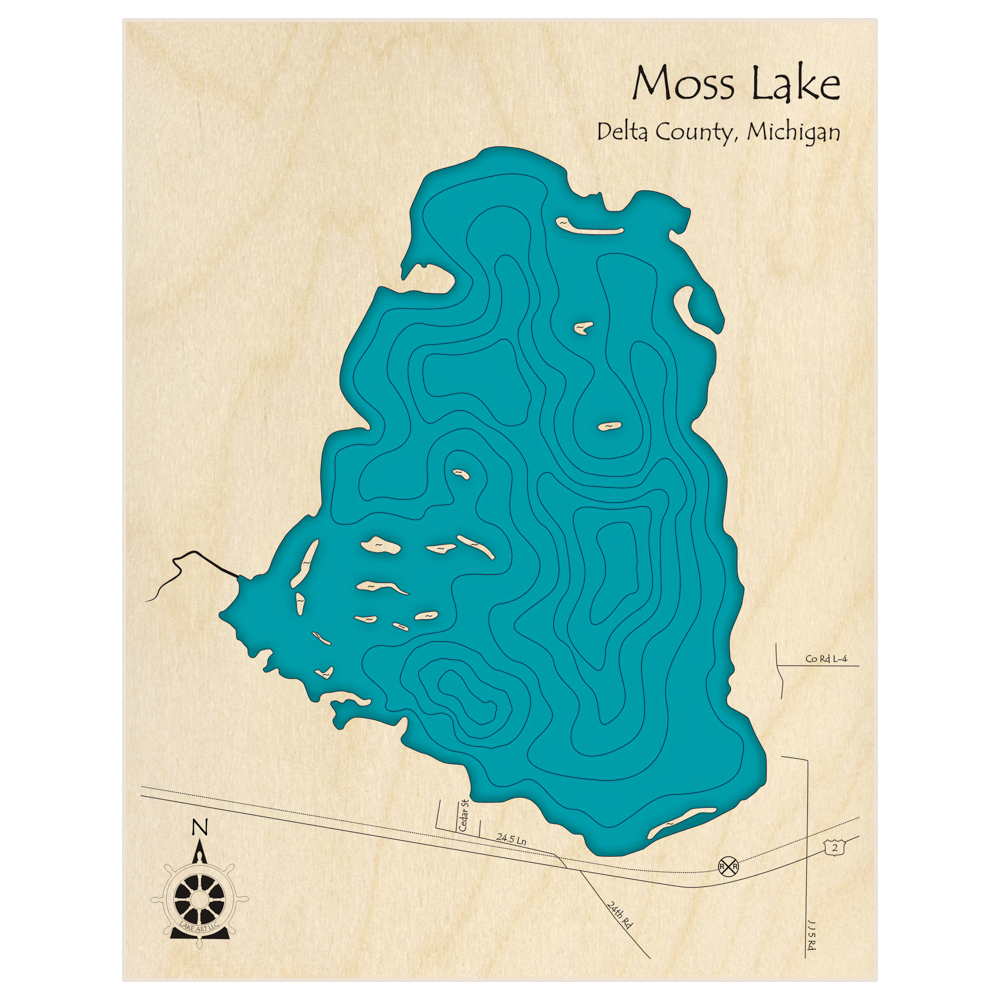 Bathymetric topo map of Moss Lake  with roads, towns and depths noted in blue water