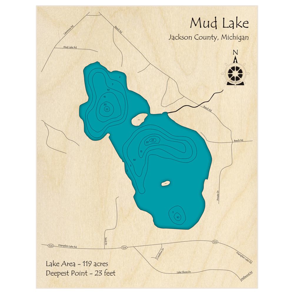 Bathymetric topo map of Mud Lake with roads, towns and depths noted in blue water