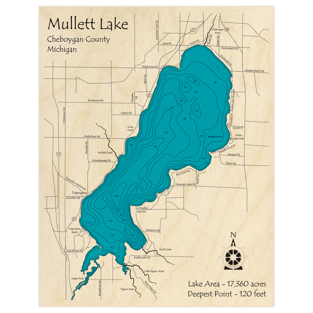 Bathymetric topo map of Mullett Lake with roads, towns and depths noted in blue water