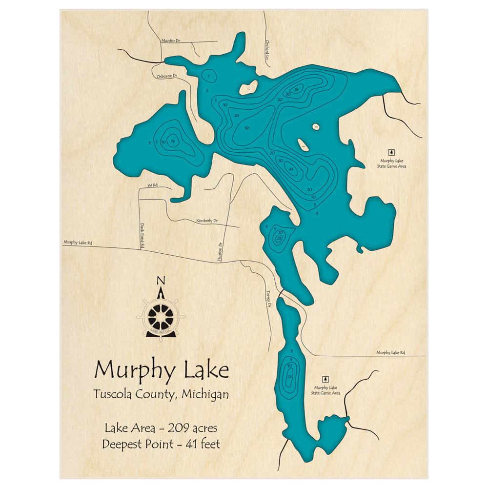 Bathymetric topo map of Murphy Lake with roads, towns and depths noted in blue water