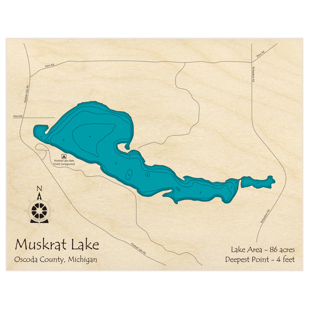 Bathymetric topo map of Muskrat Lake with roads, towns and depths noted in blue water