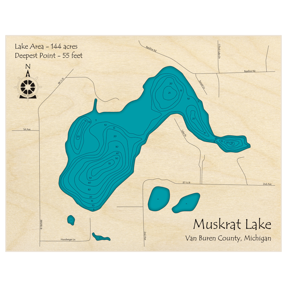 Bathymetric topo map of Muskrat Lake with roads, towns and depths noted in blue water