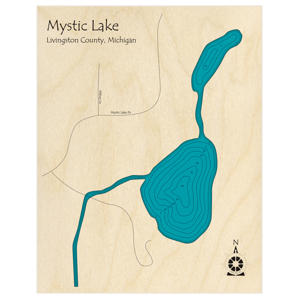 Bathymetric topo map of Mystic Lake with roads, towns and depths noted in blue water