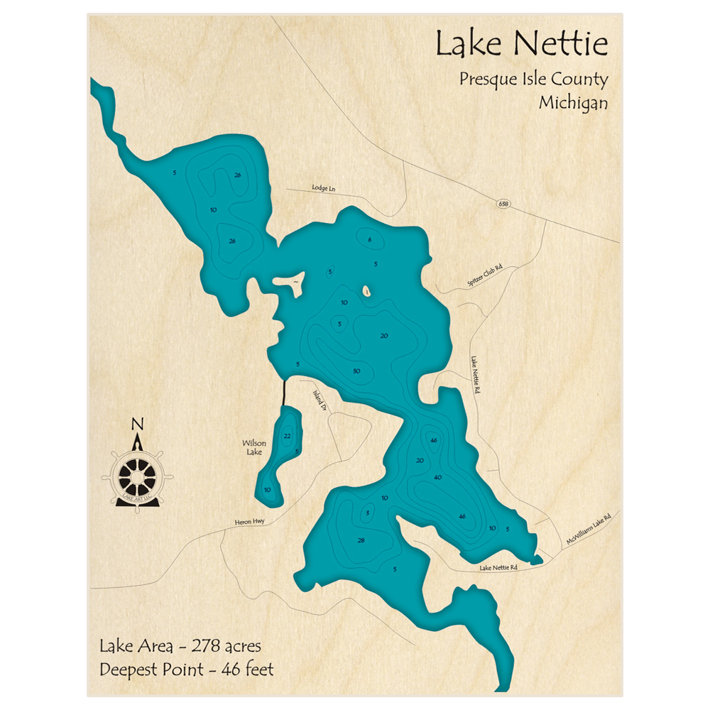 Bathymetric topo map of Lake Nettie with roads, towns and depths noted in blue water