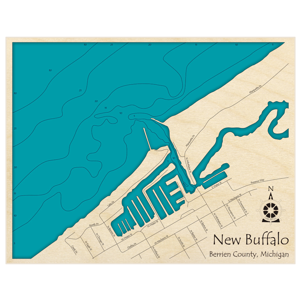 Bathymetric topo map of New Buffalo with roads, towns and depths noted in blue water