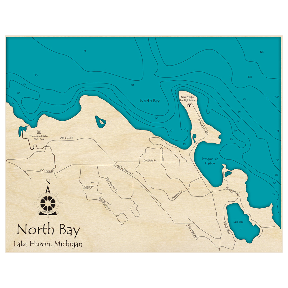 Bathymetric topo map of North Bay (Lake Huron Region) with roads, towns and depths noted in blue water