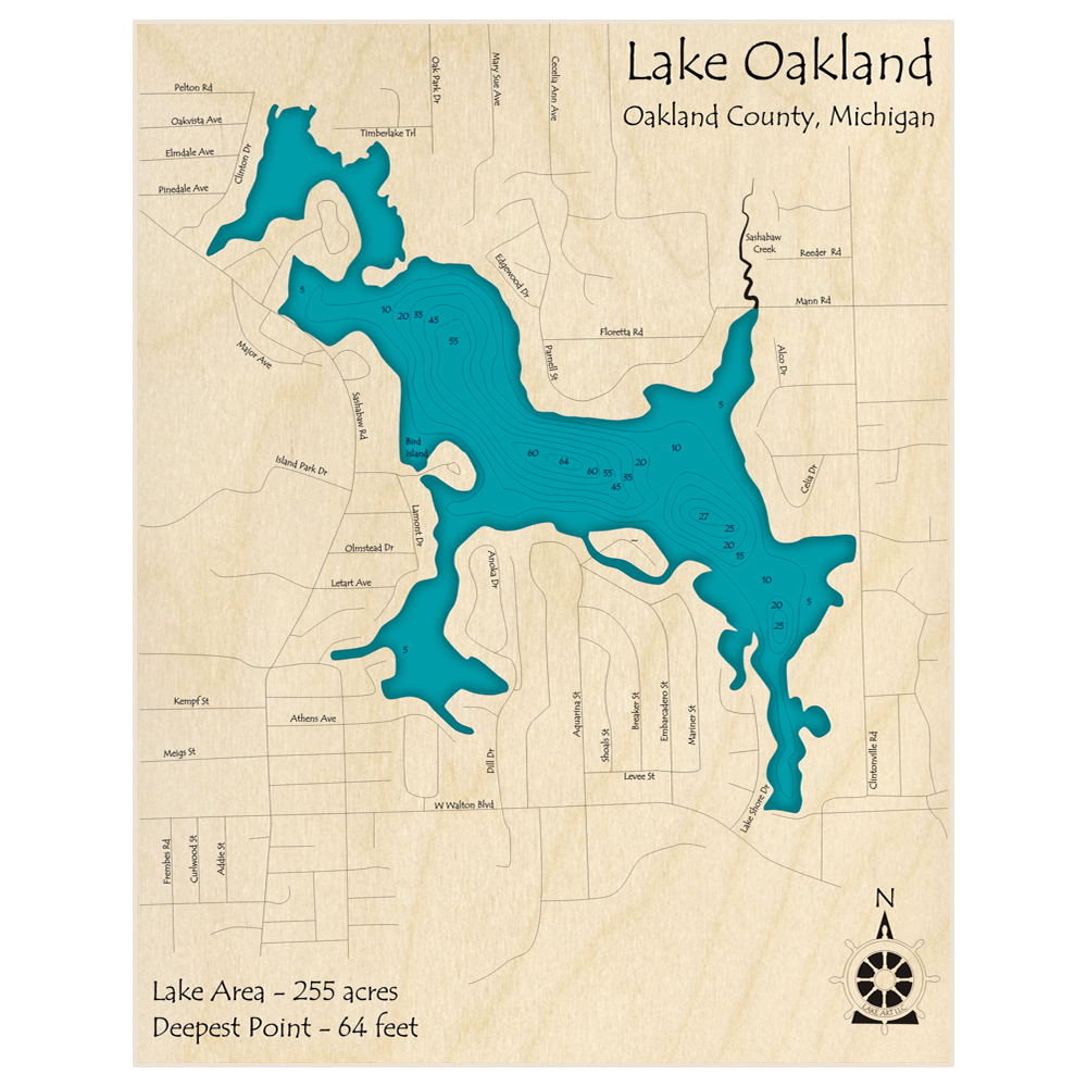 Bathymetric topo map of Lake Oakland with roads, towns and depths noted in blue water