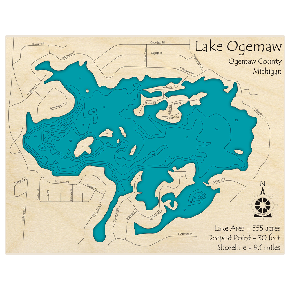 Bathymetric topo map of Lake Ogemaw with roads, towns and depths noted in blue water