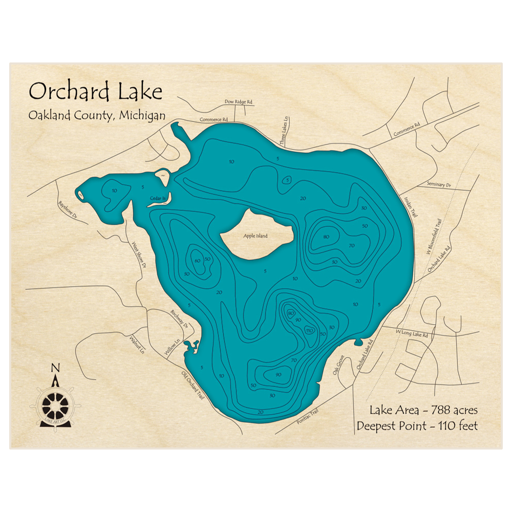 Bathymetric topo map of Orchard Lake with roads, towns and depths noted in blue water