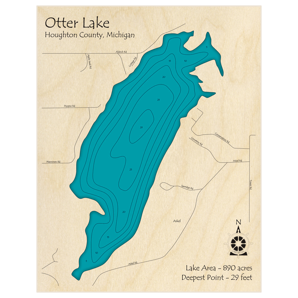 Bathymetric topo map of Otter Lake with roads, towns and depths noted in blue water