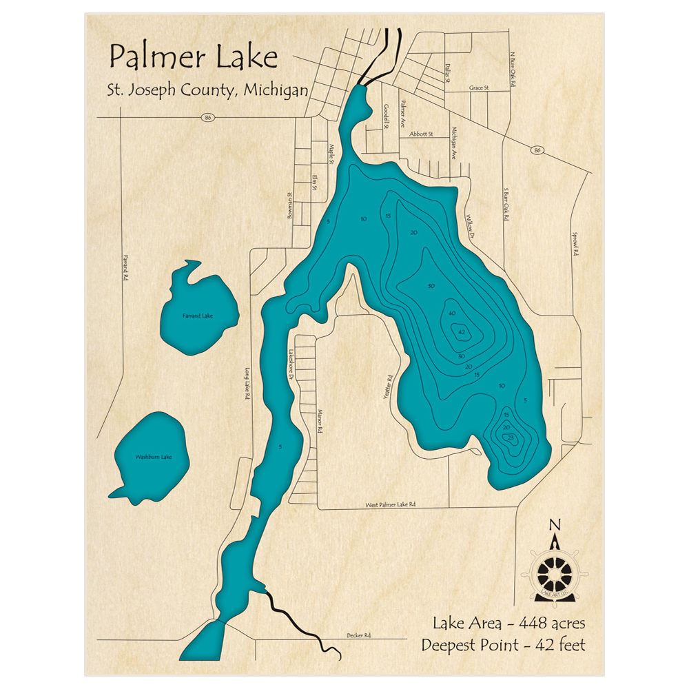 Bathymetric topo map of Palmer Lake with roads, towns and depths noted in blue water