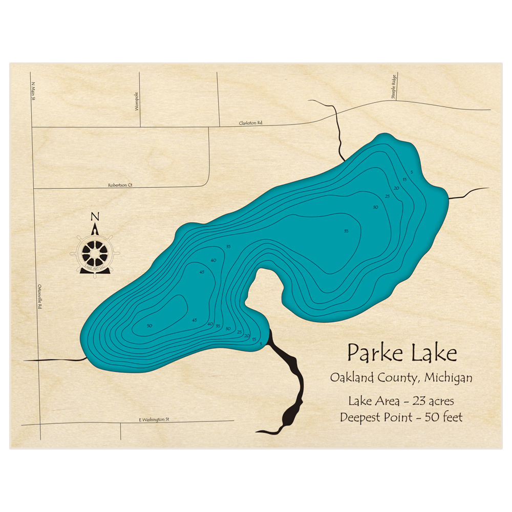 Bathymetric topo map of Parke Lake with roads, towns and depths noted in blue water