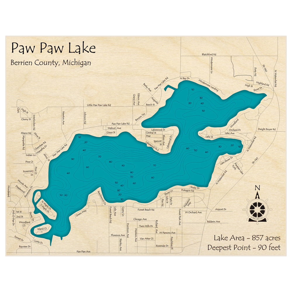 Bathymetric topo map of Paw Paw Lake with roads, towns and depths noted in blue water