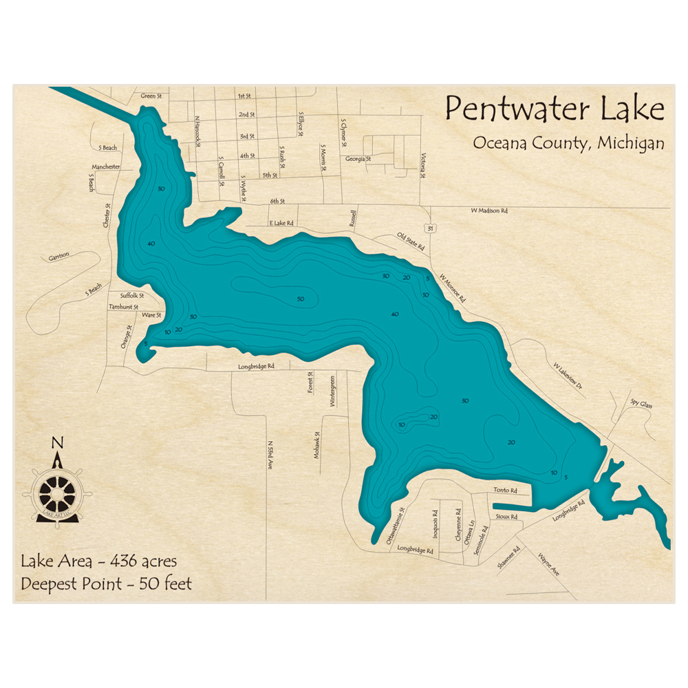 Pentwater Lake 3D Custom Wood Map – Lake Art LLC