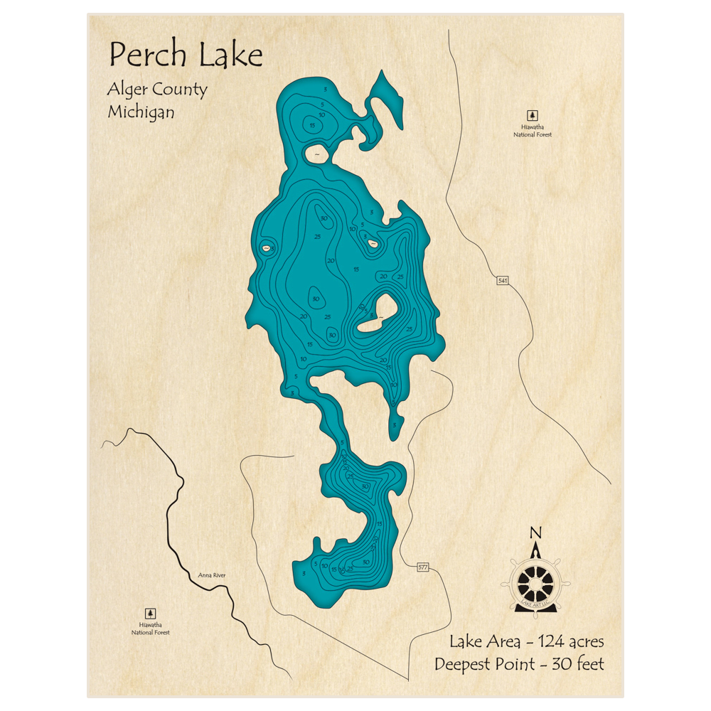 Bathymetric topo map of Perch Lake with roads, towns and depths noted in blue water