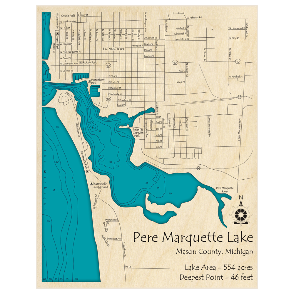 Bathymetric topo map of Pere Marquette Lake with roads, towns and depths noted in blue water