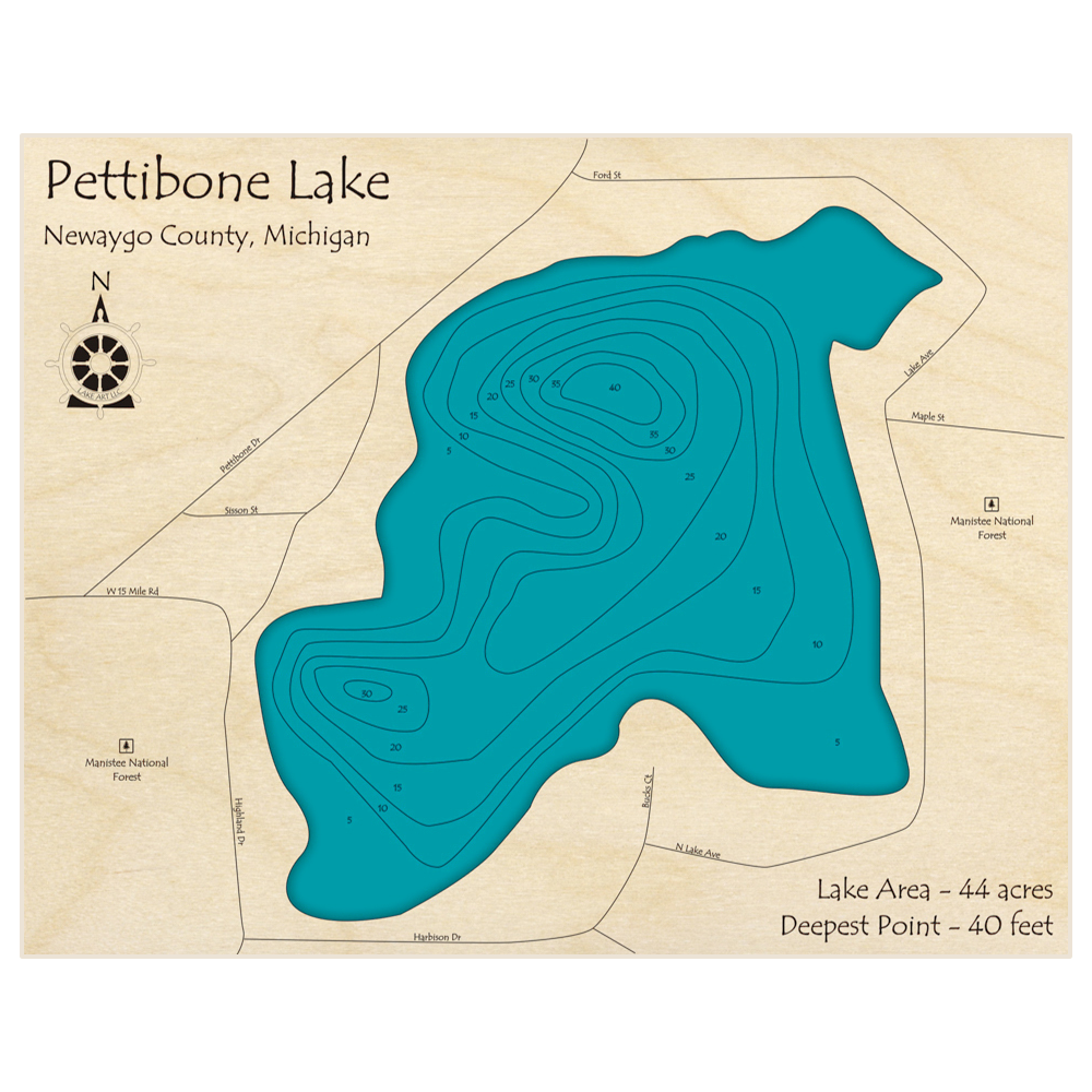 Bathymetric topo map of Pettibone Lake with roads, towns and depths noted in blue water