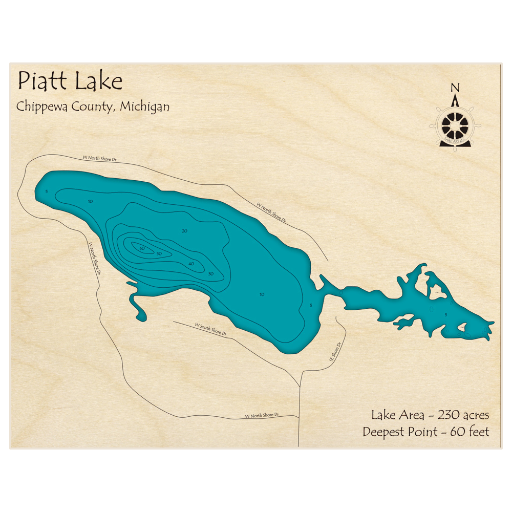 Bathymetric topo map of Piatt Lake with roads, towns and depths noted in blue water