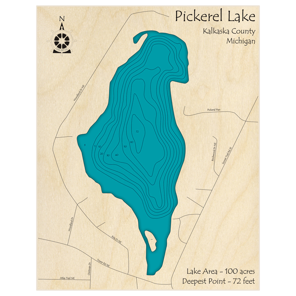 Bathymetric topo map of Pickerel Lake with roads, towns and depths noted in blue water