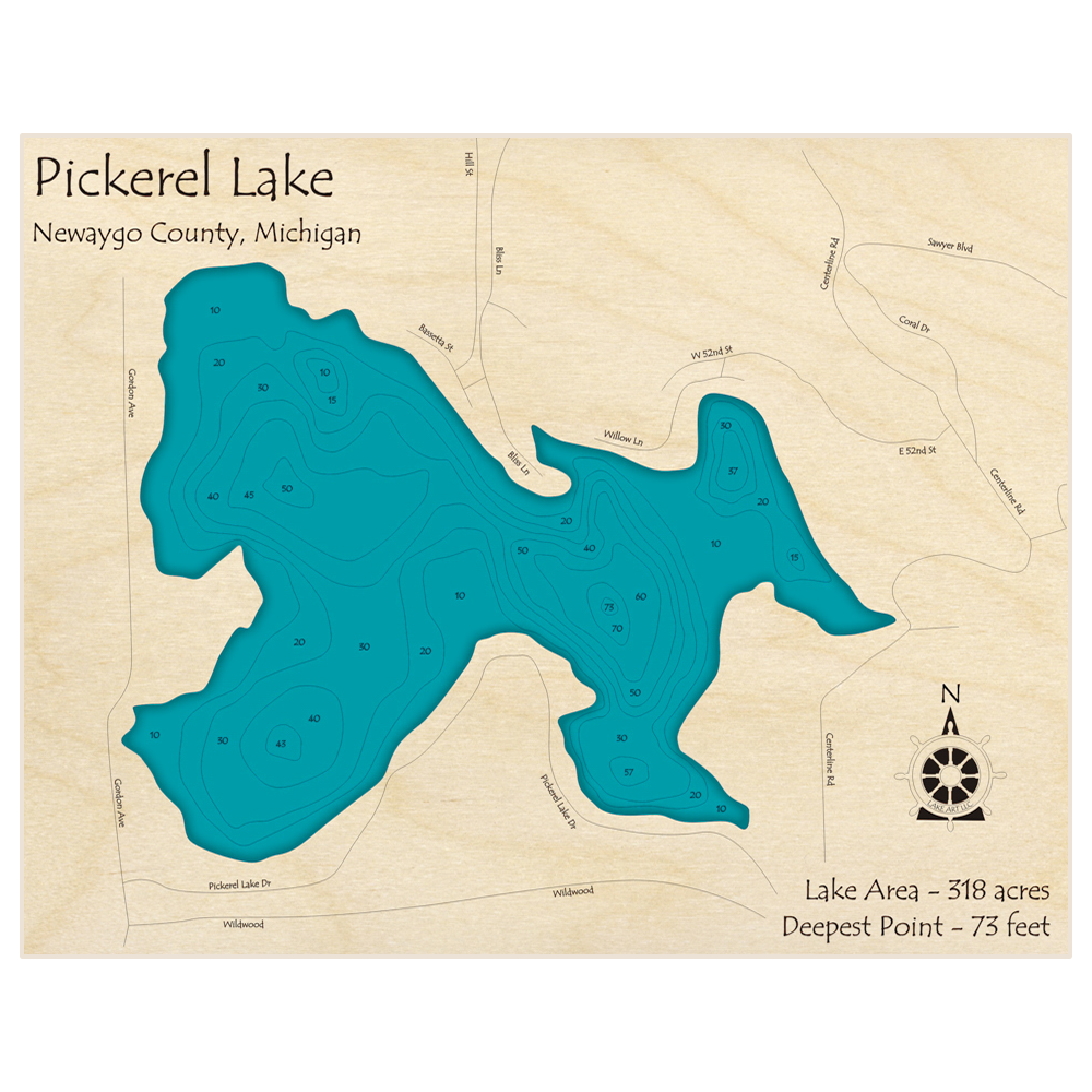 Bathymetric topo map of Pickerel Lake with roads, towns and depths noted in blue water