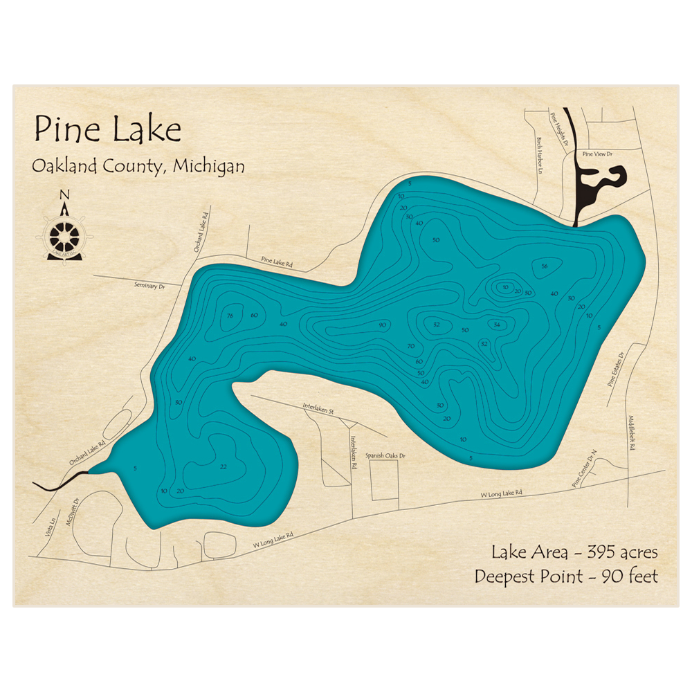 Bathymetric topo map of Pine Lake with roads, towns and depths noted in blue water