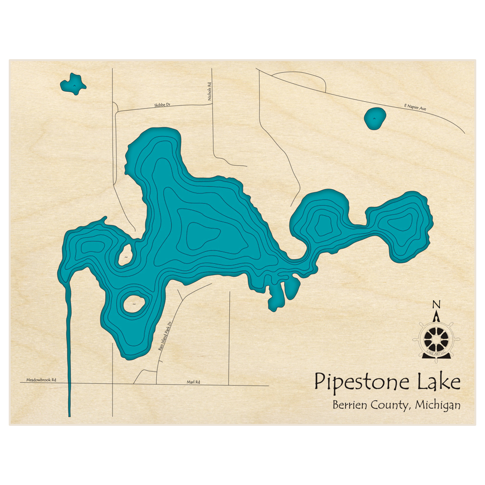 Bathymetric topo map of Pipestone Lake  with roads, towns and depths noted in blue water