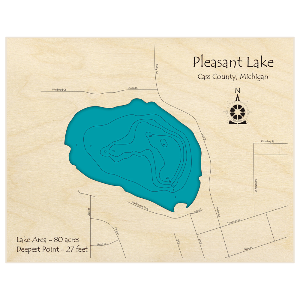 Bathymetric topo map of Pleasant Lake with roads, towns and depths noted in blue water