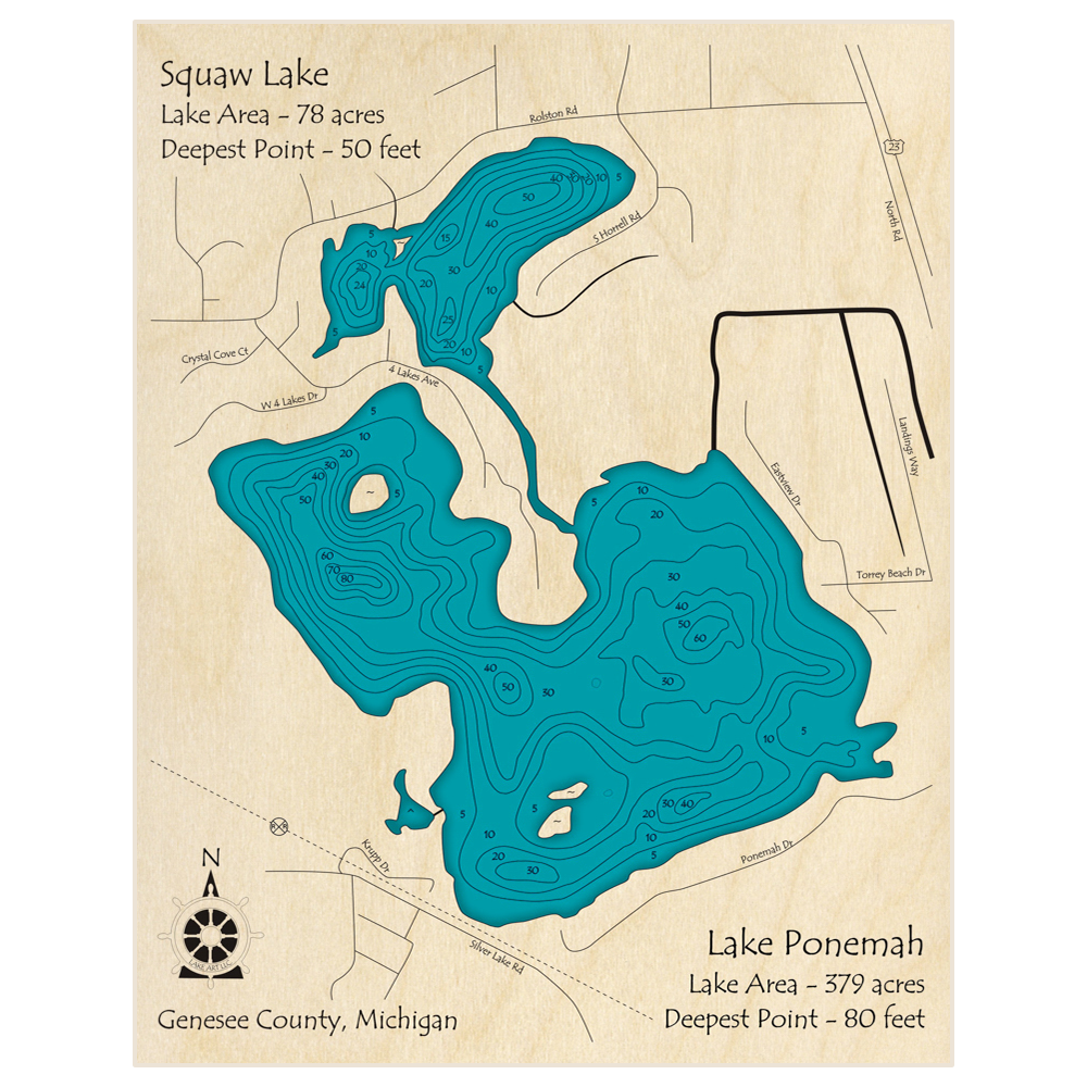 Bathymetric topo map of Lake Ponemah (With Squaw Lake) with roads, towns and depths noted in blue water