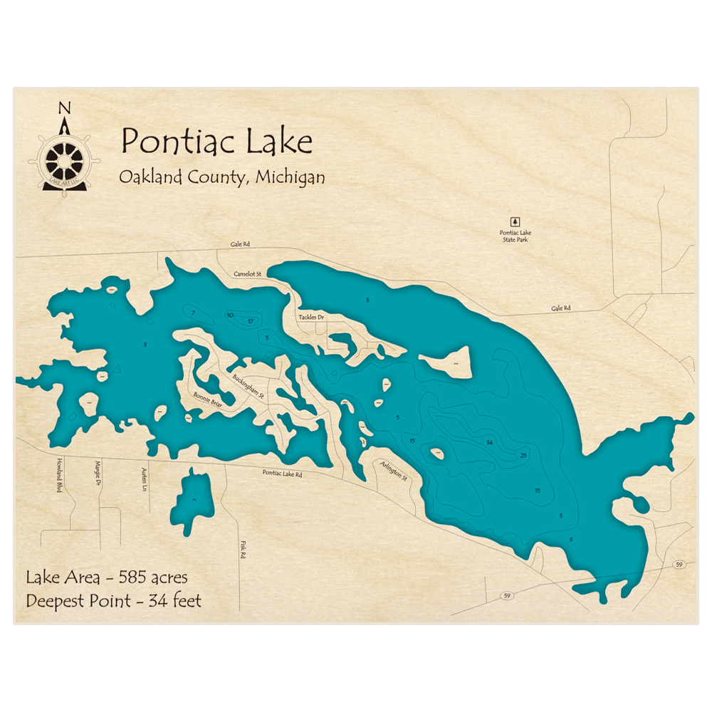 Bathymetric topo map of Pontiac Lake with roads, towns and depths noted in blue water