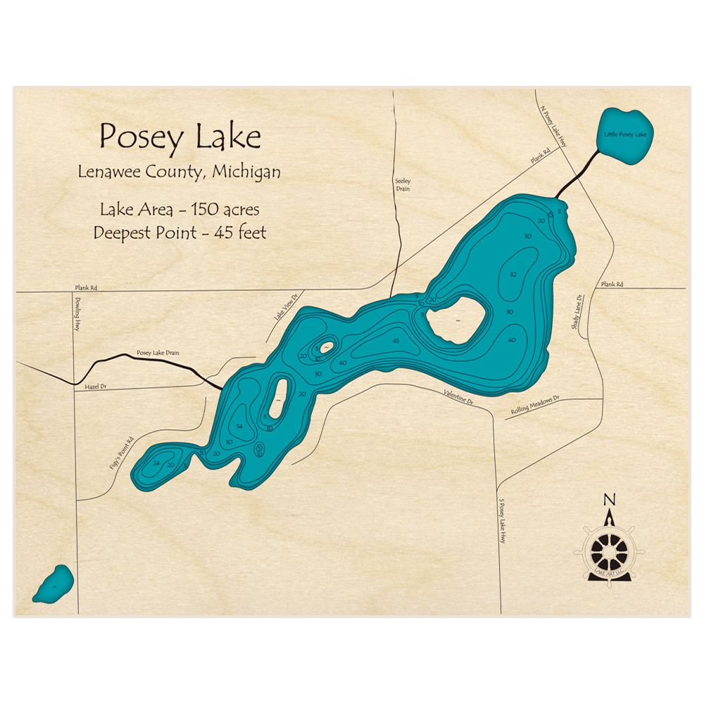 Bathymetric topo map of Posey Lake with roads, towns and depths noted in blue water