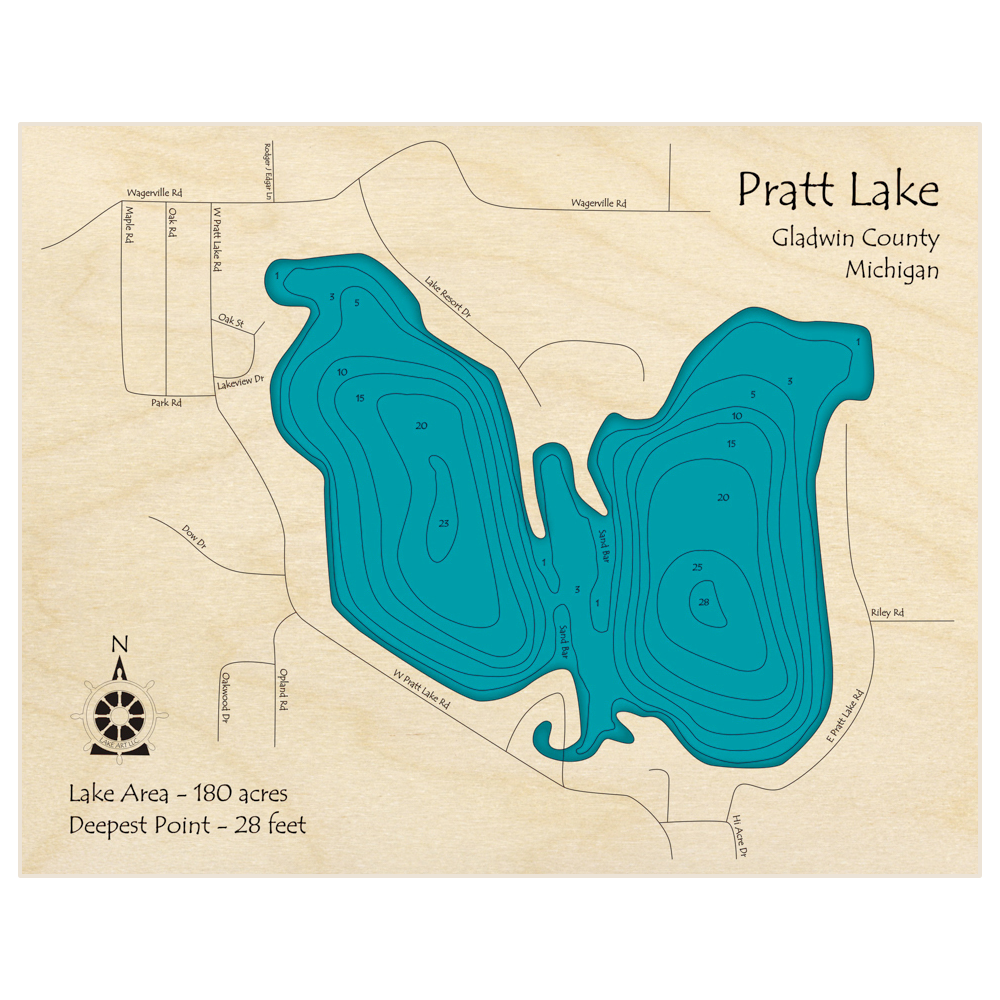 Bathymetric topo map of Pratt Lake with roads, towns and depths noted in blue water