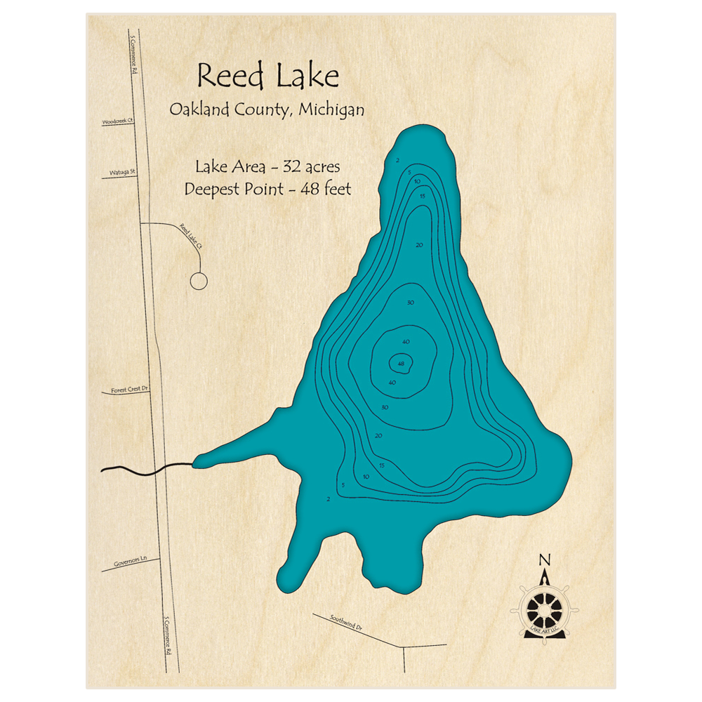 Bathymetric topo map of Reed Lake with roads, towns and depths noted in blue water