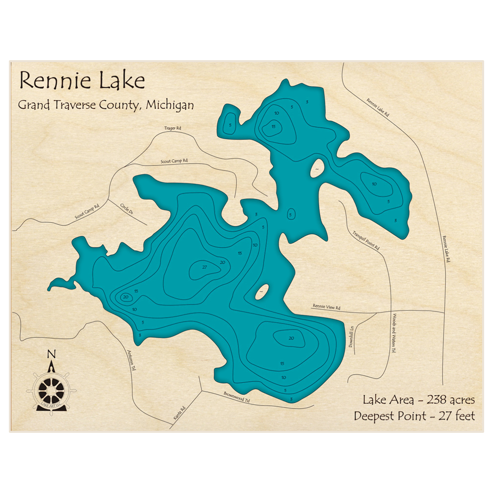 Rennie Lake 3D Custom Wood Map – Lake Art LLC