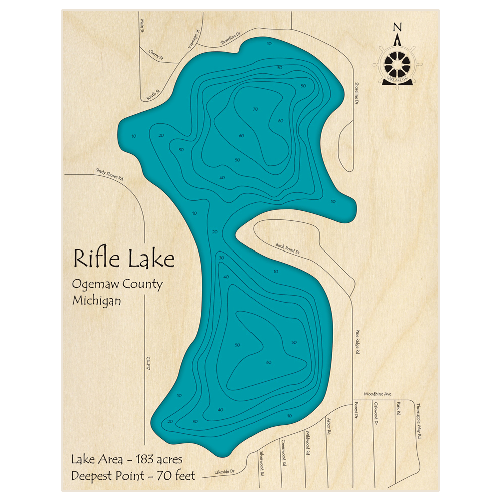 Bathymetric topo map of Rifle Lake with roads, towns and depths noted in blue water