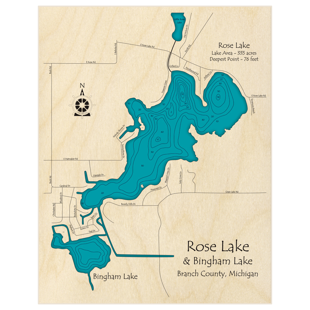 Bathymetric topo map of Rose Lake and Bingham Lake with roads, towns and depths noted in blue water