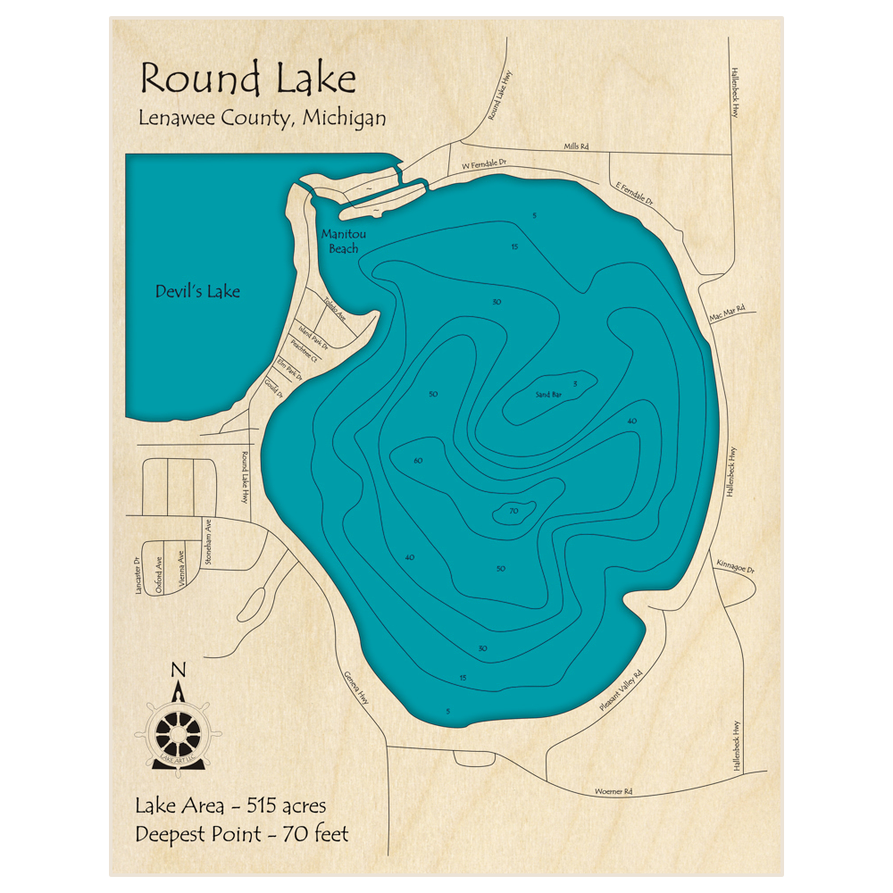 Bathymetric topo map of Round Lake (by Devils Lake) with roads, towns and depths noted in blue water