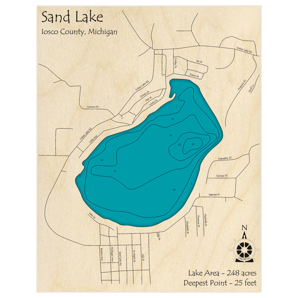 Bathymetric topo map of Sand Lake with roads, towns and depths noted in blue water