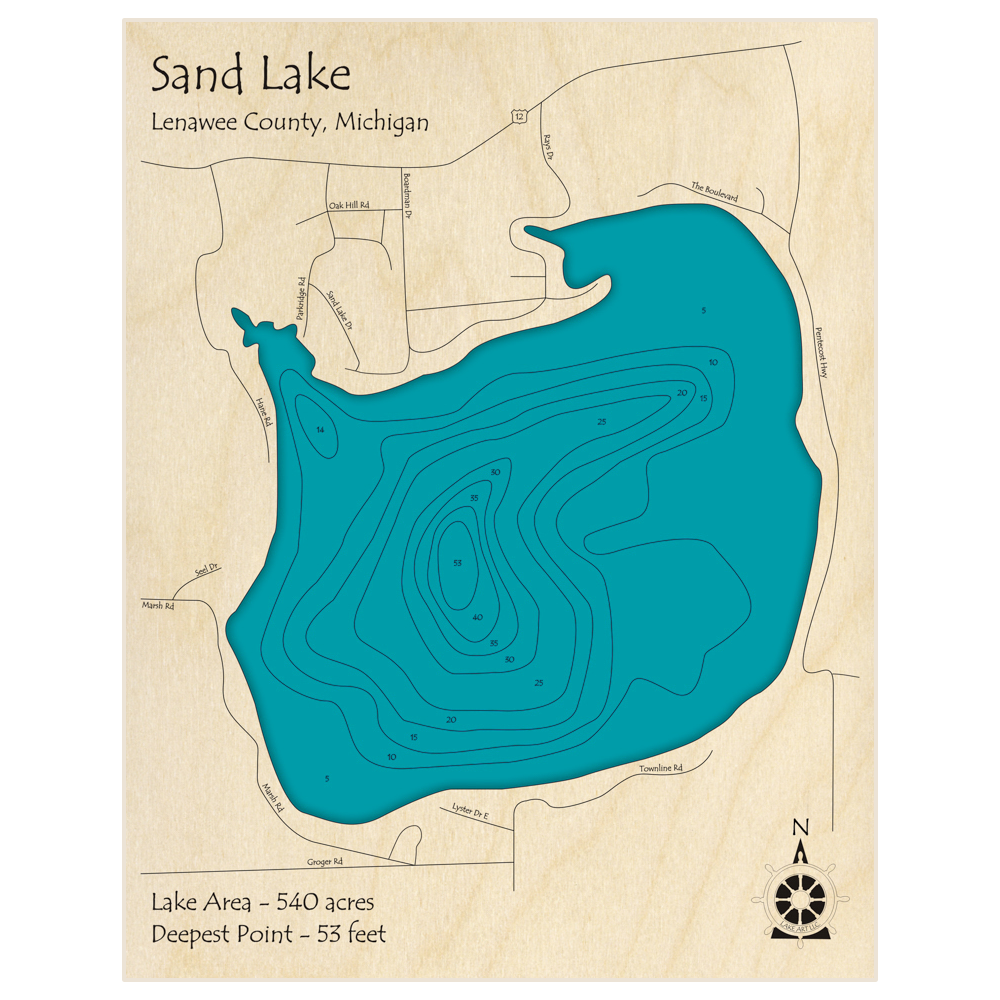 Bathymetric topo map of Sand Lake with roads, towns and depths noted in blue water