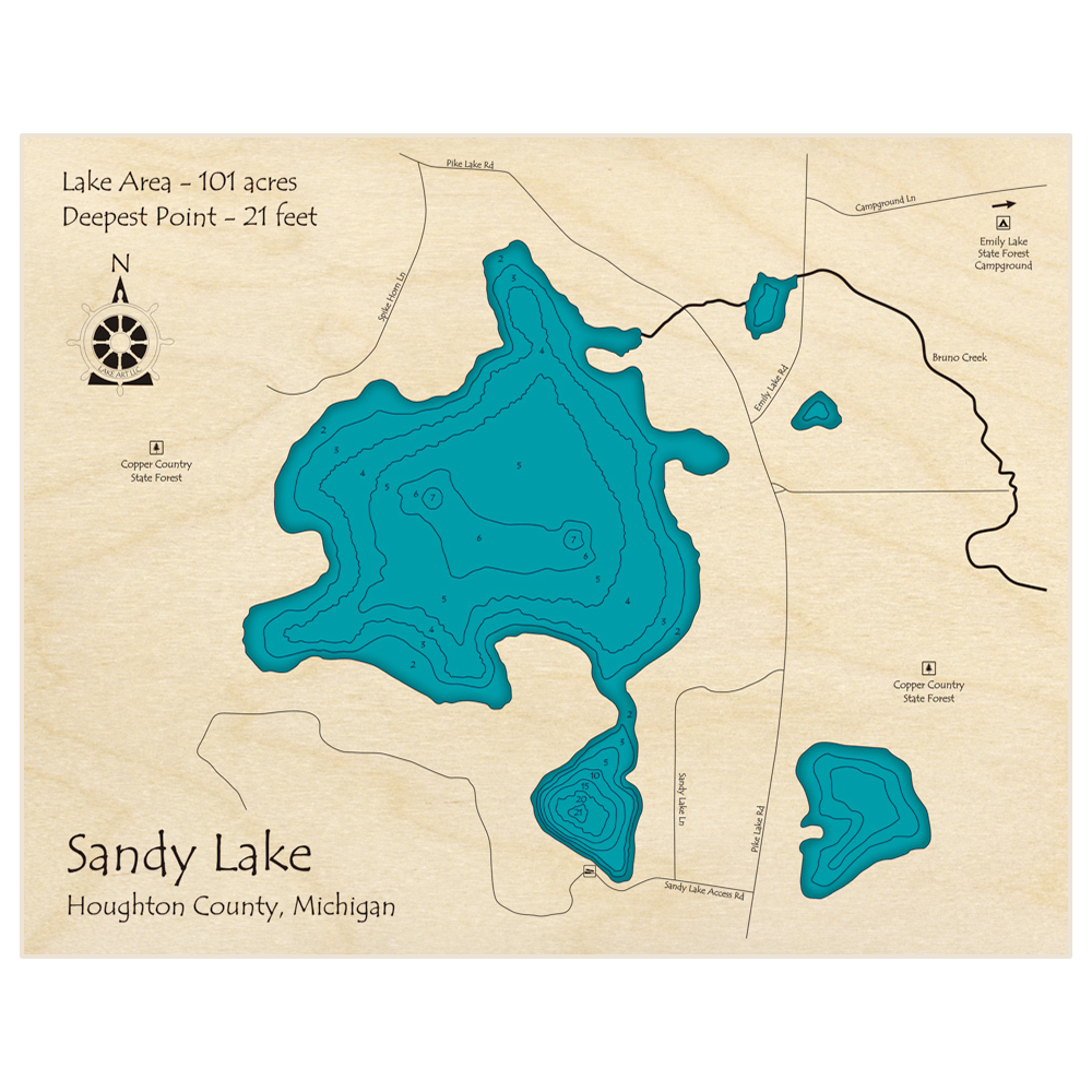 Bathymetric topo map of Sandy Lake with roads, towns and depths noted in blue water