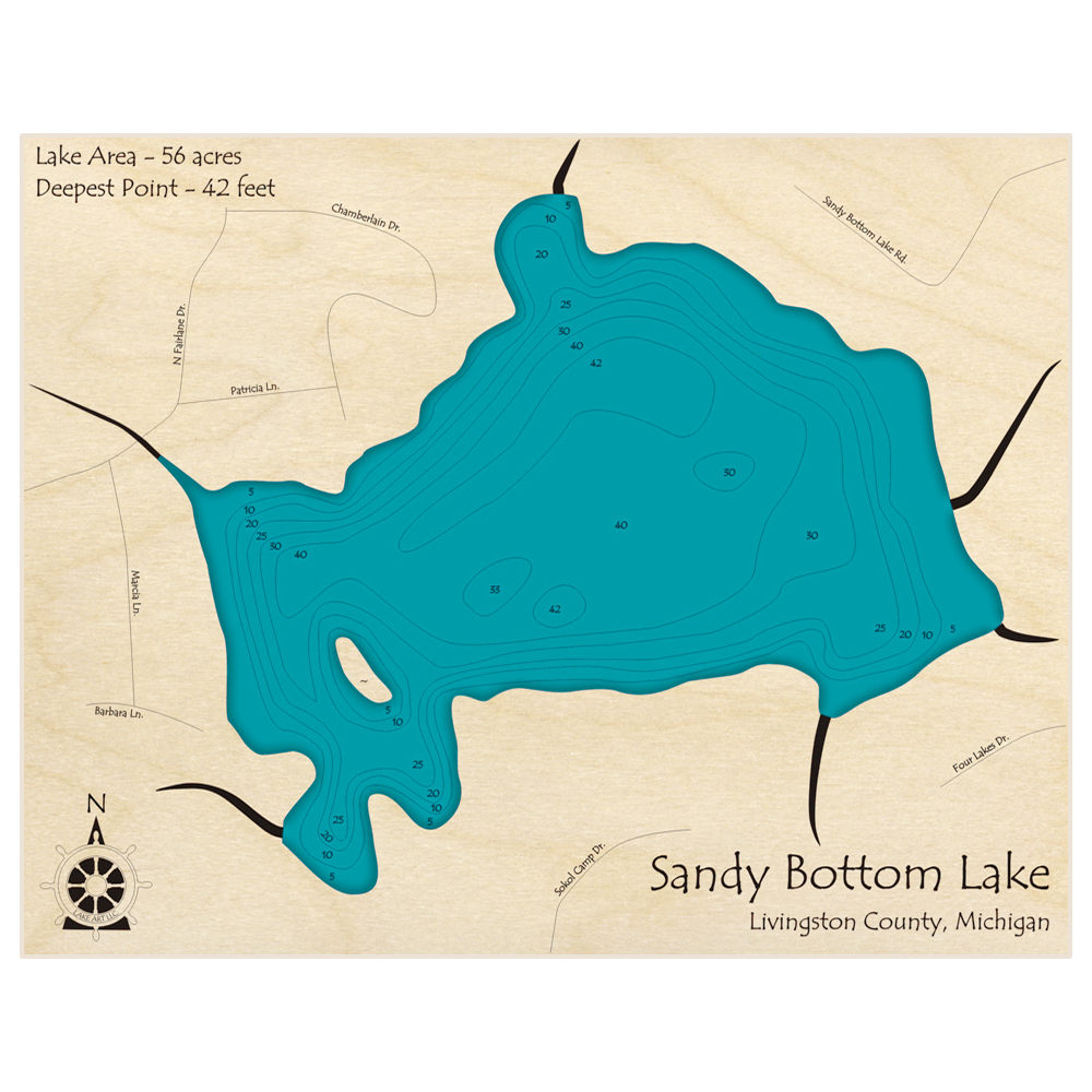 Bathymetric topo map of Sandy Bottom Lake with roads, towns and depths noted in blue water