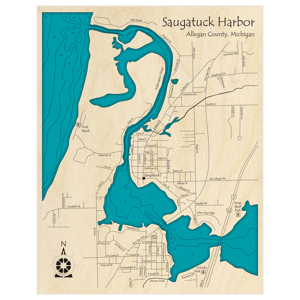 Bathymetric topo map of Saugatuck Harbor with roads, towns and depths noted in blue water