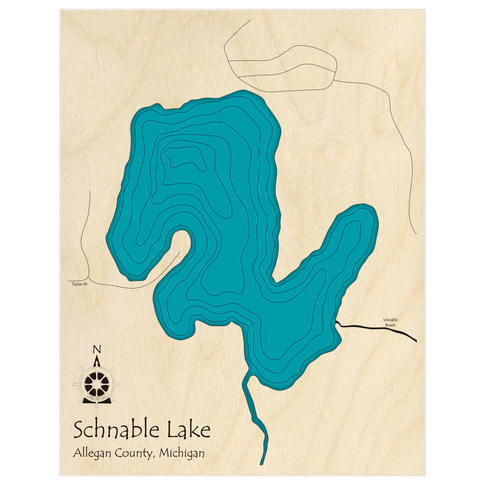 Bathymetric topo map of Schnable Lake  with roads, towns and depths noted in blue water