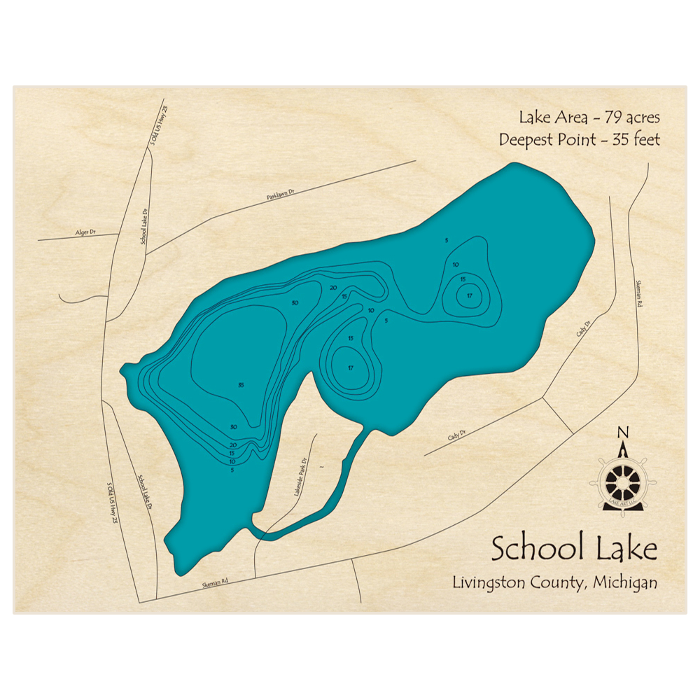 Bathymetric topo map of School Lake with roads, towns and depths noted in blue water