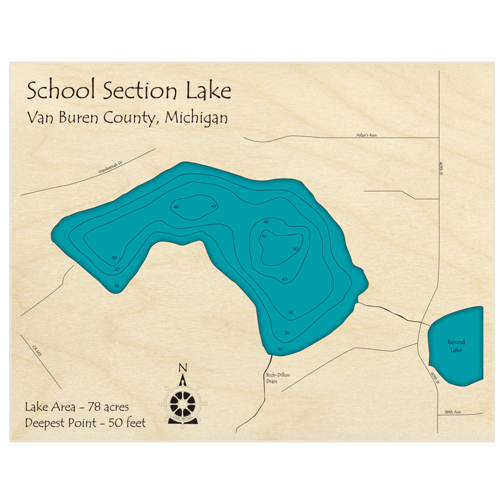 Bathymetric topo map of School Section Lake with roads, towns and depths noted in blue water